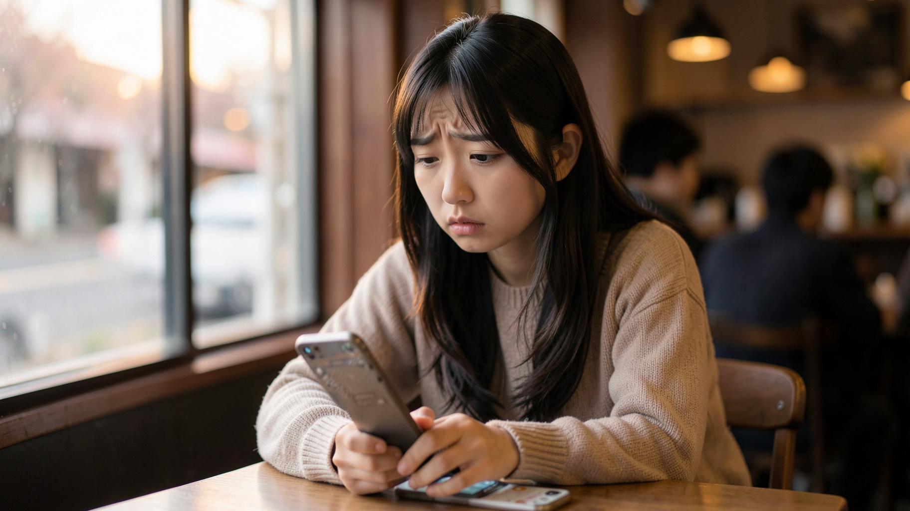 スマートフォンのマッチングアプリのメッセージを不安そうに見つめる女性