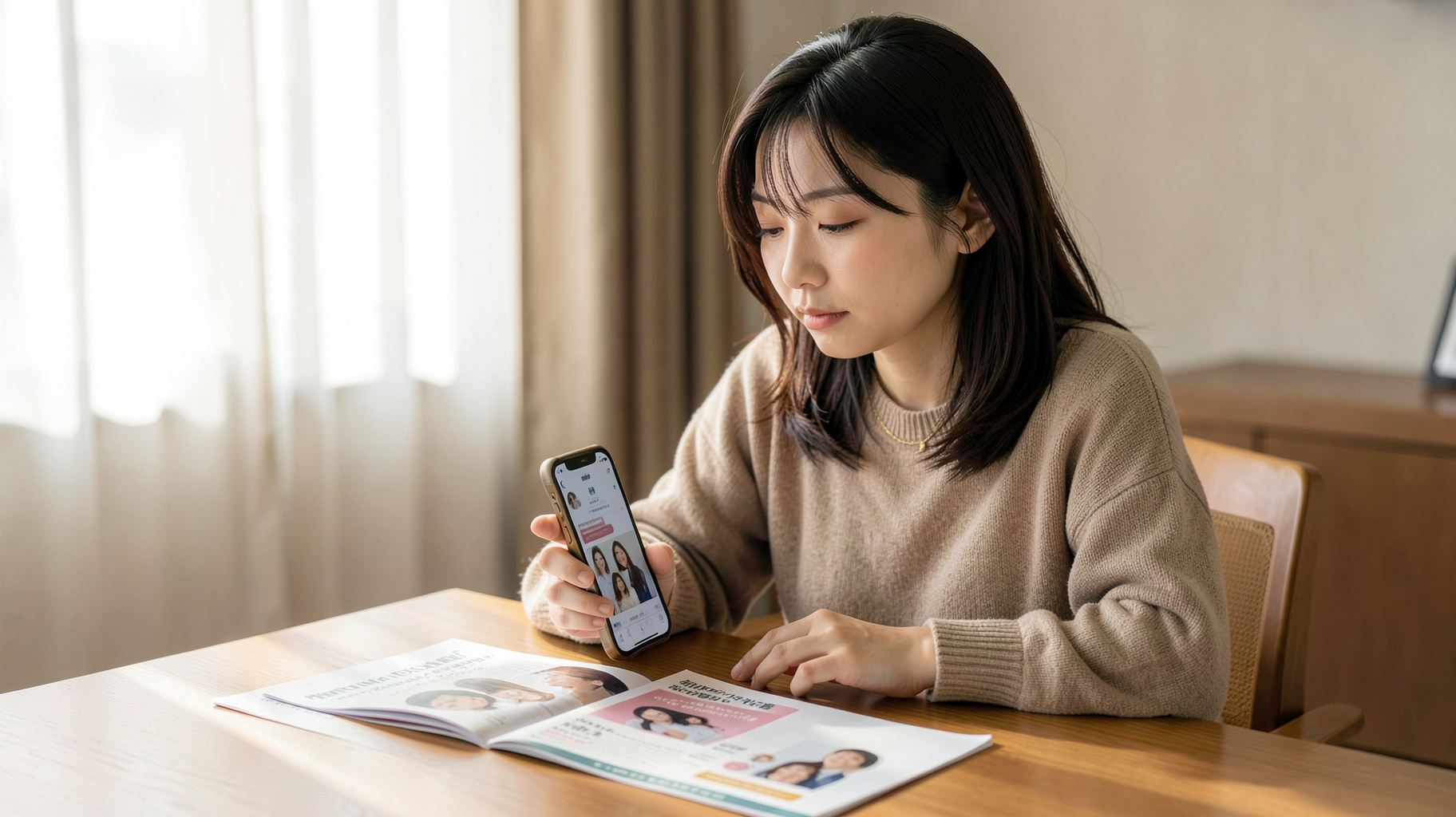 スマートフォンのマッチングアプリと結婚相談所のパンフレットを見比べる女性