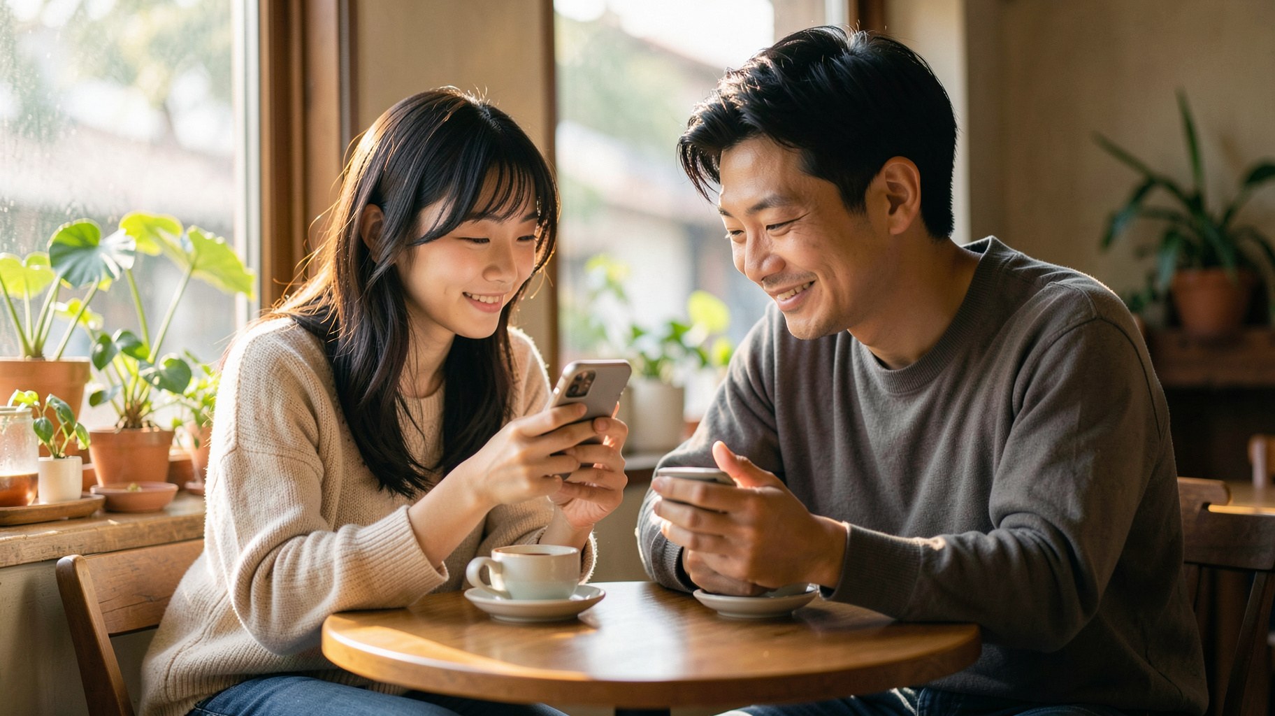 カフェの窓辺で並んでスマートフォンの画面を見ながら笑い合う男女