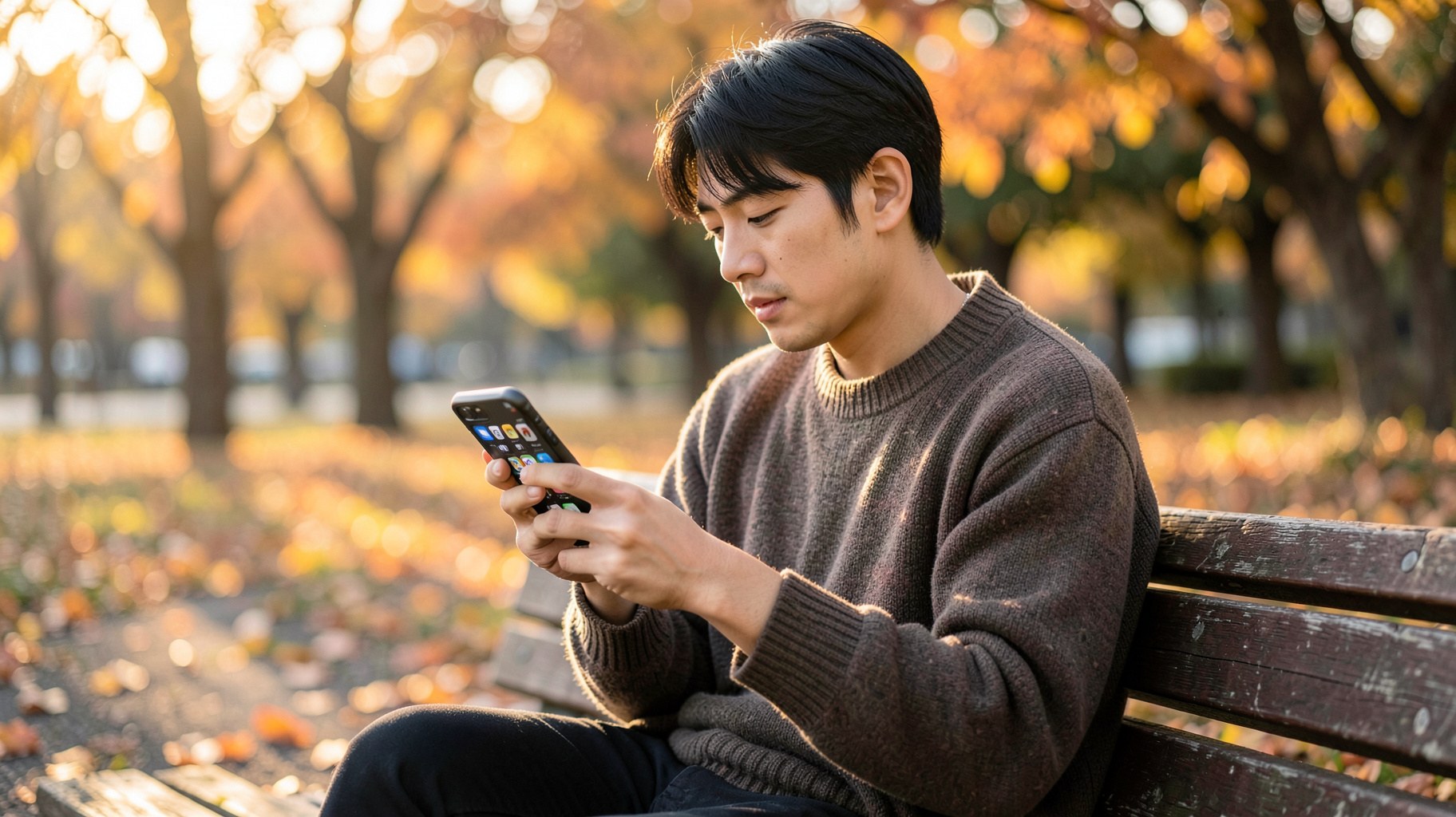 公園のベンチでスマートフォンの画面を見つめる人物