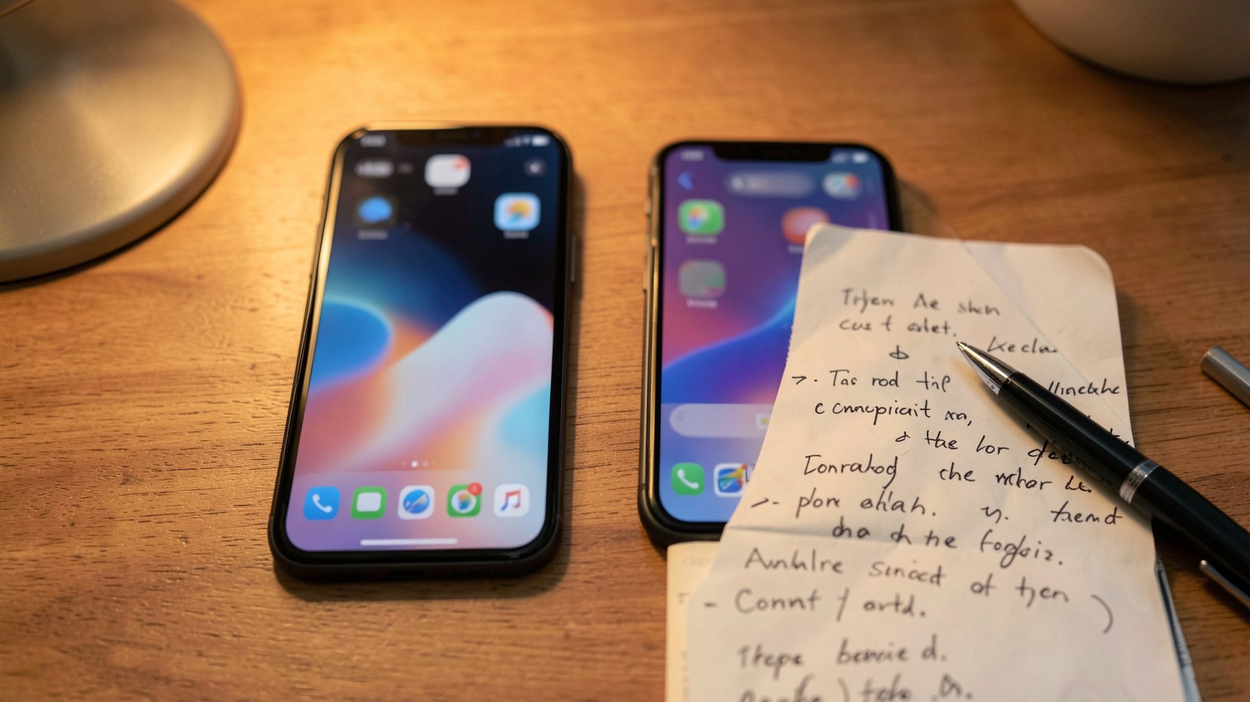 机に並べられた二台のスマートフォンと比較のメモ