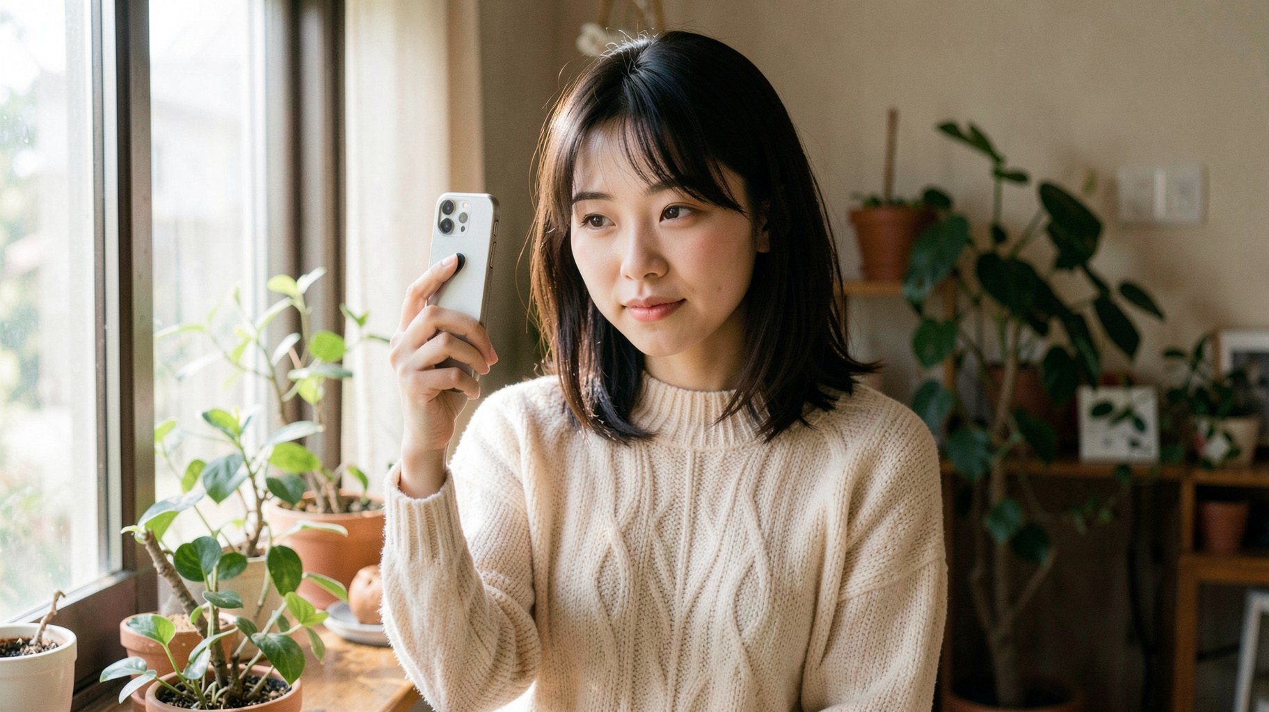 窓辺の柔らかな光の中で自然な自撮り写真を撮る人物
