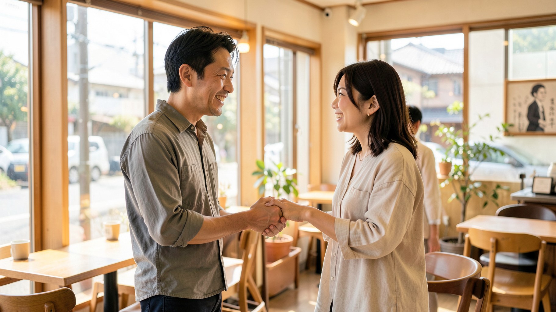 明るいカフェで初めて顔を合わせて挨拶を交わす男女