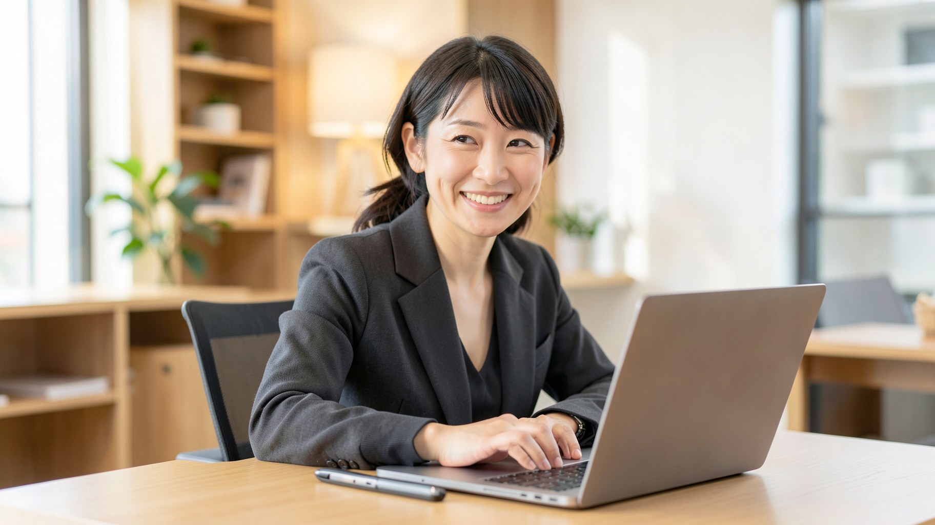 明るいオフィスでオンライン相談を行う婚活カウンセラー